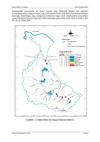 Status Mutu Air Sungai                                                                                                                                                                                                       Pusat Litbang SDA

pengendalian pencemaran air secara terpadu yang dilakukan dengan cara optimasi
pemanfaatan airnya dengan sistem yang terkoordinasi secara baik dalam melibatkan berbagai
pemangku kepentingan yang mempunyai komitmen tinggi untuk melaksanakan programnya
serta pelaksanaan kontrol yang tegas untuk mencapai tujuan akhir status mutu air kelas-1 dari
PP. No.82 Tahun 2001.

     o           o                                   o                                    o                                    o                                                   o                                          o                   o
    5 50      107 00                            107 10                              107 20                              107 30                                             107 40                                          107 50              108 00




                                              LAUT JAWA                                                                                                                                                  U
                                                                                                                                                                           0                 5           10         15            20 km
     o                                                                                                                                                                                                                                            o
    6 00                                                                                                                                                                                                                                        6 00
                                    S.
                                       CI
                                          TA
                                            R




                                                                                                                                                                   Keterangan:
                                                U
                                                 M




                                                                                                                                                                                                 Danau/Waduk/Situ

                                                                                                                                                                                                 Sungai

     o
    6 10
                                                                                                                                                                                                 Batas Daerah Aliran Sungai (DAS)6 o 10




                                                                                                                                                   Tingkat Mutu Air:
                                                                           S.




                                                                                                                                                     Tingkat
                                                                             CI




                                                                                                                                                                                        Indeks Warna                          Keterangan
                                                                      et


                                                                               TA




                                                                                                                                                     Mutu Air
                                                                    be




                     Saluran
                                                                                 RU
                                                                  Ci




                               Tarum Ba                                                                 Saluran Tarum Utara
                                            rat
                                                                                   M
                                                               S.




     o                                                                                                                                                                                                                                            o
    6 20                                                                                                                                                1                          100 - 83                                  Sangat baik        6 20
                                                                                                                                                        2                           82 - 73                                  Baik
                                                                                                                Saluran Tarum Timur                     3                           72 - 56                                  Agak baik
                                                                                                                                                        4                           55 - 44                                  Sedang
                                                                                                                                                        5                           43 - 27                                  Agak tercemar
                                             kis




                                                                                                                                                        6                           26 - 17                                  Tercemar
                                          ing
                                     am




                                                                                              7                                                         7                           16 - 0                                   Sangat tercemar
                                      p
                                   Ci
                                 S.




     o                                                                                                                                                                                                                                            o
    6 30                                                                                                                                                                                                                                        6 30
                                                                                     WADUK
                                                                                   JATILUHUR
                                                                                                                       S.
                                                                                                                          Ci
                                                                                                                            ka
                                                                                                                             o




     o                                                                                                                                                                                                                                            o
    6 40                                           S.C                                                                                                                                                                                          6 40
                                                                                                                S.
                                                         iku                                                      Ci
                                                            nd                                                      so
                                                              ul                                                      m
                                                                                                                       an            Situ
                                                                            WADUK                                        g         Lembang
                                                                            CIRATA

                                                                                                                     eta
                                                                                                                                                           ahi




                                                     un
                                                        g                                                       S.Cim
                                                                                                                                                          m
                                                                                                                                                     S.Cim




                                                  lag                                                                                                                                   ng
                                                                                                                                                    eureu




                                              iba                                                                                                                                   u
                                          S.C
                                                                                                                                                                             u   nd
                                                                                                                                                                          ap
                                                                                                                                              S.Cib




     o                                                                                                                                                                k                                                                           o
    6 50                                                               n                                                                aur                         Ci                                                                          6 50
                                                                    ka                                                        S.Cih                              S.
                                                               so
                                                             Ci
                                                                                   S.




                                                           S.
                                                                                     C
                                                                                      IT
                                                                                        AR
                                                                                           U




                                                                                                        WADUK
                                                                                            M




                                                                                      a
                                                                                    nd                 SAGULING
                                                                                 ibe                                                                                                                iker
                                                                                                                                                                                                        uh
                                                                           S.C                                                                                                                   S.C
                                                                                                   g




                                                                                                                                                                                                                     rik
                                                                                                an




                                                                                                                                                    arum                                                        Ci
                                                                                                                                                                                                                   ta
                                                                                                          inyak




                                                                                                                                              S.Cit
                                                                                            ilan




                                                                                                                                                                                                              S.
                                                                                     S.Cijere




                                                                                                                                   ey
                                                                                        S.C




     o                                                                                                                                                                                                                                            o
    7 00                                                                                                                                                  y                                                                                     7 00
                                                                                                                                id




                                                                                                                                                        ku
                                                                                                        S.Cim




                                                                                                                             iw




                                                                                                                                                     ng
                                                                                                                          C




                                                                                                                                                 i sa
                                                                                                                        S.




                                                                                                                                                                            S.Cirasea
                                                                                                                                                C
                                                                                                                                              S.
                                                                                                                                                                                                     m
                                                                                                                                                                                                   ru
                                                                                                                                                                                                 ta
                                                                                                                                                                                               Ci
                                                                                                                                                                                             S.


                                                                                                                                  Situ
     o                                                                                                                         Cileunca                                                                                                           o
    7 10                                                                                                                                                                                                                                        7 10
                                                                                                                                                             Situ
                                                                                                                                                         Cipanunjang




                 o                                   o                                    o                                    o                                                   o                                          o
              107 00                              107 10                            107 20                              107 30                                             107 40                                          107 50              108o 00




                        Gambar – 2. Status Mutu Air Sungai Citarum (Orde-1)




Balai Lingkungan Keairan                                                                                                                                                                                                                   6 dari 6
 