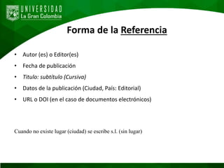 Forma de la Referencia
• Autor (es) o Editor(es)
• Fecha de publicación
• Titulo: subtítulo (Cursiva)
• Datos de la publicación (Ciudad, País: Editorial)
• URL o DOI (en el caso de documentos electrónicos)
Cuando no existe lugar (ciudad) se escribe s.l. (sin lugar)
 