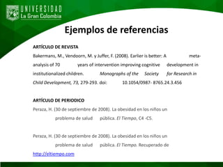 Ejemplos de referencias
ARTÍCULO DE REVISTA
Bakermans, M., Vendoorn, M. y Juffer, F. (2008). Earlier is better: A meta-
analysis of 70 years of intervention improving cognitive development in
institutionalized children. Monographs of the Society for Research in
Child Development, 73, 279-293. doi: 10.1054/0987- 8765.24.3.456
ARTÍCULO DE PERIODICO
Peraza, H. (30 de septiembre de 2008). La obesidad en los niños un
problema de salud pública. El Tiempo, C4 -C5.
Peraza, H. (30 de septiembre de 2008). La obesidad en los niños un
problema de salud pública. El Tiempo. Recuperado de
http://eltiempo.com
 