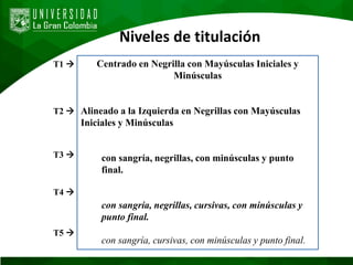 Niveles de titulación
Centrado en Negrilla con Mayúsculas Iniciales y
Minúsculas
Alineado a la Izquierda en Negrillas con Mayúsculas
Iniciales y Minúsculas
con sangría, negrillas, con minúsculas y punto
final.
con sangría, negrillas, cursivas, con minúsculas y
punto final.
con sangría, cursivas, con minúsculas y punto final.
T1 
T2 
T3 
T4 
T5 
 