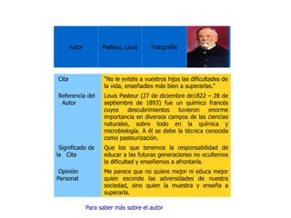 Autor Pasteur, Louis Fotografía Cita “ No le evitéis a vuestros hijos las dificultades de la vida, enseñadles más bien a superarlas.” Referencia del  Autor Louis Pasteur  (27 de diciembre de1822 – 28 de septiembre de 1893) fue un químico francés cuyos descubrimientos tuvieron enorme importancia en diversos campos de las ciencias naturales, sobre todo en la química y microbiología. A él se debe la técnica conocida como pasteurización. Significado de la  Cita Que los que tenemos la responsabilidad de educar a las futuras generaciones no ocultemos la dificultad y enseñemos a afrontarla. Opinión Personal Me parece que no quiere mejor ni educa mejor quien esconde las adversidades de nuestra sociedad, sino quien la muestra y enseña a superarla. Para saber más sobre el autor 