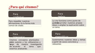 Para
confirmar
Para
interpretar
Para
definir
Para
ejemplificar
Para respaldar nuestras
afirmaciones. Es la forma más
común de citado.
La cita funciona como punto de
partida
para desarrollar nuestras propias
ideas o ampliar la explicación sobre
un tema.
Citamos conceptos planteados
por
otros autores y los utilizaremos a
lo
Sustentamos nuestras ideas y temas
a partir de casos concretos y
relevantes
largo de nuestra investigación
de acuerdo al tema que
estemos analizando.
Carreras para Gente que Trabaja (CGT)
¿Para qué citamos?
 