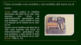 Citas textuales con nombre y sin nombre del autor en el
texto
Gould (1989) explica la metáfora
darwiniana del árbol de la vida “para
expresar otra forma de
interconectividad -genealógica más
que ecológica- y para ilustrar el éxito
y el fracaso de la historia de la vida”
(p.14).
Darwin usó la metáfora del árbol de la
vida “para expresar otra forma de
interconectividad– genealógica más
que ecológica- y para ilustrar el éxito
y el fracaso de la historia de la vida”
(Gould, 1989, p. 14).
 