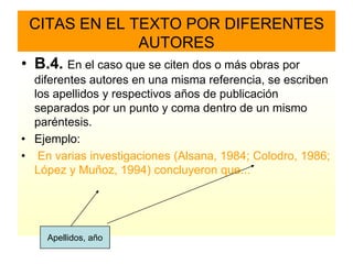 CITAS EN EL TEXTO POR DIFERENTES
                    AUTORES
• B.4. En el caso que se citen dos o más obras por
  diferentes autores en una misma referencia, se escriben
  los apellidos y respectivos años de publicación
  separados por un punto y coma dentro de un mismo
  paréntesis.
• Ejemplo:
• En varias investigaciones (Alsana, 1984; Colodro, 1986;
  López y Muñoz, 1994) concluyeron que...




    Apellidos, año
 