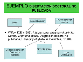 EJEMPLO DISERTACION DOCTORAL NO
                        PUBLICADA

                                                Título disertacion
                       Año elaboracion
       autor                                         cursiva




• Wilfey, D.E. (1989). Interpersonal analyses of bulimia:
  Normal-wight and obese. Disertación doctoral no
  publicada, University of Missouri, Columbia, EE.UU.


Colocar: disertación          Univ. De origen
    Doctoral no                                        Lugar
     publicada                                      Ciudad, pais
 