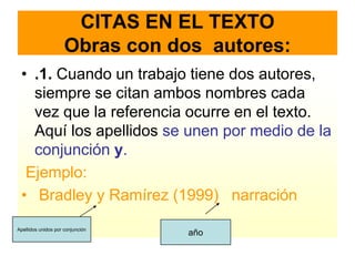 CITAS EN EL TEXTO
                     Obras con dos autores:
 • .1. Cuando un trabajo tiene dos autores,
   siempre se citan ambos nombres cada
   vez que la referencia ocurre en el texto.
   Aquí los apellidos se unen por medio de la
   conjunción y.
  Ejemplo:
 • Bradley y Ramírez (1999) narración
Apellidos unidos por conjunción
                                  año
 