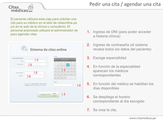 Pedir una cita / agendar una cita

El paciente utilizará esta caja para solicitar una
cita para su médico en al web de citasonline.pe
y/o en la web de la clínica o consultorio. El
personal autorizado utilizará el administrador de        1. Ingreso de DNI (para poder acceder
para agendar citas
                                                            a historia clínica)

                                                         2. Ingreso de contraseña (el sistema
                                                            recaba todos los datos del paciente)

                   1
                                                         3. Escoge especialidad
              2
                                                         4. En función de la especialidad
                                       5                    aparecen los médicos
                  3
             4                                              correspondientes

                                                     6   5. En función del médico se habilitan los
                                                            días disponibles
                                       7
                                                         6. Se despliega el horario
                                                            correspondiente al día escogido

                                                         7. Se crea la cita.
 