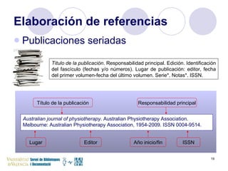 Elaboración de referencias Publicaciones seriadas Título de la publicación . Responsabilidad principal. Edición. Identificación del fascículo (fechas y/o números). Lugar de publicación: editor, fecha del primer volumen-fecha del último volumen. Serie*. Notas*. ISSN. Australian journal of physiotherapy . Australian Physiotherapy Association.  Melbourne: Australian Physiotherapy Association, 1954-2009. ISSN 0004-9514. Título de la publicación Responsabilidad principal Lugar Editor Año inicio/fin ISSN 
