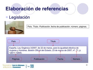 Elaboración de referencias Legislación España. Ley Orgánica 3/2007, de 22 de marzo, para la igualdad efectiva de mujeres y hombres.  Boletín Oficial del Estado , 23 de marzo de 2007, nº. 71, p. 12611-12645. País. Título.  Publicación , fecha de publicación, número, páginas.   País Título Publicación Fecha Número Páginas 