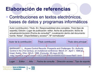 Elaboración de referencias Contribuciones en textos electrónicos, bases de datos y programas informáticos Autor (contribución). Título. En: Responsabilidad obra completa.  Título  [tipo de soporte]. Edición. Lugar de publicación: editor, fecha de publicación, fecha de actualización/revisión [Fecha de consulta]**. Localización dentro del documento fuente. Notas*. Disponibilidad y acceso**. Nº normalizado* BARNHART, L . Access Control Records: Prospects and Challenges. En:  Authority Control in the 21st Century: an invitational conference: March 31 - April 1, 1996  [en línea].  Dublin, Ohio: OCLC, 1996. [Consulta: 28 mayo 2010]. <http://worldcat.org/arcviewer/1/OCC/2003/06/20/0000003520/viewer/file81.html> Autor de la contribución Título contribución Título obra principal Editor Fecha de consulta Tipo de soporte Lugar Año Dirección acceso 