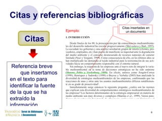 Citas y referencias bibliográficas Referencia breve  que insertamos en el texto para identificar la fuente de la que se ha extraído la información. Ejemplo: Citas insertadas en un documento Citas 