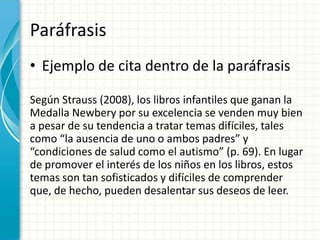 Paráfrasis
• Ejemplo de cita dentro de la paráfrasis

Según Strauss (2008), los libros infantiles que ganan la
Medalla Newbery por su excelencia se venden muy bien
a pesar de su tendencia a tratar temas difíciles, tales
como “la ausencia de uno o ambos padres” y
“condiciones de salud como el autismo” (p. 69). En lugar
de promover el interés de los niños en los libros, estos
temas son tan sofisticados y difíciles de comprender
que, de hecho, pueden desalentar sus deseos de leer.
 