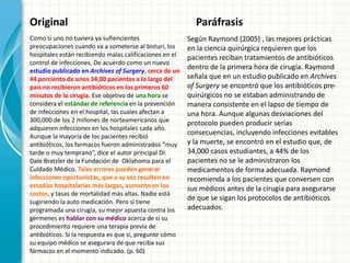 Original                                                   Paráfrasis
Como si uno no tuviera ya sufiencientes                  Según Raymond (2005) , las mejores prácticas
preocupaciones cuando va a someterse al bisturí, los     en la ciencia quirúrgica requieren que los
hospitales están recibiendo malas calificaciones en el   pacientes reciban tratamientos de antibióticos
control de infecciones. De acuerdo como un nuevo
estudio publicado en Archives of Surgery, cerca de un
                                                         dentro de la primera hora de cirugía. Raymond
44 porciento de unos 34,00 pacientes a lo largo del      señala que en un estudio publicado en Archives
país no recibieron antibióticos en los primeros 60       of Surgery se encontró que los antibióticos pre-
minutos de la cirugía. Ese objetivo de una hora se       quirúrgicos no se estaban administrando de
considera el estándar de referencia en la prevención     manera consistente en el lapso de tiempo de
de infecciones en el hospital, las cuales afectan a      una hora. Aunque algunas desviaciones del
300,000 de los 2 millones de norteamericanos que         protocolo pueden producir serias
adquieren infecciones en los hospitales cada año.
Aunque la mayoría de los pacientes recibió
                                                         consecuencias, incluyendo infecciones evitables
antibióticos, los farmacos fueron administrados “muy     y la muerte, se encontró en el estudio que, de
tarde o muy temprano”, dice el autor principal Dr.       34,000 casos estudiantes, a 44% de los
Dale Bratzler de la Fundación de Oklahoma para el        pacientes no se le administraron los
Cuidado Médico. Tales errores pueden generar             medicamentos de forma adecuada. Raymond
infecciones oportunistas, que a su vez resulten en       recomienda a los pacientes que conversen con
estadías hospitalarias más largas, aumento en los        sus médicos antes de la cirugía para asegurarse
costos, y tasas de mortalidad más altas. Nadie está
sugiriendo la auto medicación. Pero si tiene
                                                         de que se sigan los protocolos de antibióticos
programada una cirugía, su mejor apuesta contra los      adecuados.
gérmenes es hablar con su médico acerca de si su
procedimiento requiere una terapia previa de
antibióticos. Si la respuesta es que sí, pregunte cómo
su equipo médico se asegurara de que reciba sus
fármacos en el momento indicado. (p. 60)
 