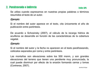 2. Parafraseada o indirecta
Se utiliza cuando expresamos en nuestras propias palabras o términos
resumidos el texto de un autor.
Ejemplo:
Si el nombre del autor aparece en el texto, cita únicamente el año de
publicación entre paréntesis.
De acuerdo a Schosinsky (2007), el cálculo de la recarga hídrica de
acuíferos se desarrolla en función de las características de la cobertura
vegetal.
Ejemplo:
Si el nombre del autor y la fecha no aparecen en el texto parafraseando,
colócalos separados por coma y entre paréntesis.
Las montañas son elevaciones sobre los 500 msnm, y son grandes
elevaciones del terreno que tienen una pendiente muy pronunciada, la
cual puede disminuir por efecto de la erosión formando cerros y lomas
(Contreras, 2007).
Jacinto Arroyo
Estilo APA
 