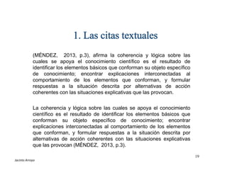 (MÉNDEZ, 2013, p.3), afirma la coherencia y lógica sobre las
cuales se apoya el conocimiento científico es el resultado de
identificar los elementos básicos que conforman su objeto específico
de conocimiento; encontrar explicaciones interconectadas al
comportamiento de los elementos que conforman, y formular
respuestas a la situación descrita por alternativas de acción
coherentes con las situaciones explicativas que las provocan.
1. Las citas textuales
19
ESTILOS DE REFERENCIAS
Jacinto Arroyo
La coherencia y lógica sobre las cuales se apoya el conocimiento
científico es el resultado de identificar los elementos básicos que
conforman su objeto específico de conocimiento; encontrar
explicaciones interconectadas al comportamiento de los elementos
que conforman, y formular respuestas a la situación descrita por
alternativas de acción coherentes con las situaciones explicativas
que las provocan (MÉNDEZ, 2013, p.3).
 