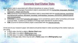 Commonly Used Citation Styles
Each citation style is associated with different disciplines (or areas of study):
● MLA (Modern Languages Association) style is associated with the humanities: languages, literature,
philosophy, religion and the arts.
● APA (American Psychological Association) style is associated with the social sciences: psychology
and behavioral science, education, sociology, anthropology, business, economics, political science
and criminal justice.
● CHICAGO is associated primarily with history, but is sometimes used in other humanities and social
sciences fields. Turabian is a variation of Chicago style intended for student writers.
● CSE (Council of Science Editors) style is associated with the natural sciences.
At the end of your research paper, full citations should be listed in order according to the citation style you
are using:
● In MLA style, this list is called a Works Cited page.
● In APA style, it is called a References page.
● In CSE style, it is called a Cited References page.
● And, in Chicago style, there may be both a Notes page and a Bibliography page
 