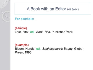 A Book with an Editor (or two!)
For example:
(sample)
Last, First, ed. Book Title. Publisher, Year.
(example)
Bloom, Harold, ed. Shakespeare’s Baudy. Globe
Press, 1996.
 