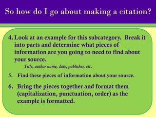 So how do I go about making a citation?

4. Look at an example for this subcategory. Break it
   into parts and determine what pieces of
   information are you going to need to find about
   your source.
      Title, author name, date, publisher, etc.

5. Find these pieces of information about your source.

6. Bring the pieces together and format them
   (capitalization, punctuation, order) as the
   example is formatted.
 