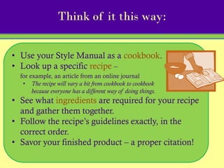 Think of it this way:


• Use your Style Manual as a cookbook.
• Look up a specific recipe –
  for example, an article from an online journal
   • The recipe will vary a bit from cookbook to cookbook
       because everyone has a different way of doing things.
• See what ingredients are required for your recipe
  and gather them together.
• Follow the recipe’s guidelines exactly, in the
  correct order.
• Savor your finished product – a proper citation!
 