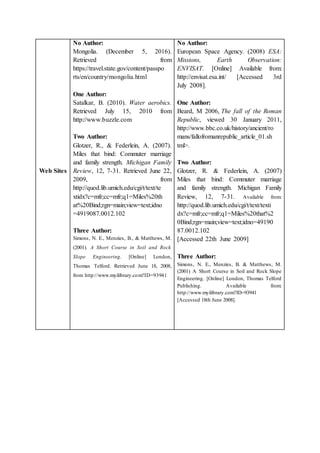 Web Sites
No Author:
Mongolia. (December 5, 2016).
Retrieved from
https://travel.state.gov/content/passpo
rts/en/country/mongolia.html
One Author:
Satalkar, B. (2010). Water aerobics.
Retrieved July 15, 2010 from
http://www.buzzle.com
Two Author:
Glotzer, R., & Federlein, A. (2007).
Miles that bind: Commuter marriage
and family strength. Michigan Family
Review, 12, 7-31. Retrieved June 22,
2009, from
http://quod.lib.umich.edu/cgi/t/text/te
xtidx?c=mfr;cc=mfr;q1=Miles%20th
at%20Bind;rgn=main;view=text;idno
=4919087.0012.102
Three Author:
Simons, N. E., Menzies, B., & Matthews, M.
(2001). A Short Course in Soil and Rock
Slope Engineering. [Online] London,
Thomas Telford. Retrieved June 18, 2008,
from http://www.myilibrary.com?ID=93941
No Author:
European Space Agency. (2008) ESA:
Missions, Earth Observation:
ENVISAT. [Online] Available from:
http://envisat.esa.int/ [Accessed 3rd
July 2008].
One Author:
Beard, M 2006, The fall of the Roman
Republic, viewed 30 January 2011,
http://www.bbc.co.uk/history/ancient/ro
mans/fallofromanrepublic_article_01.sh
tml>.
Two Author:
Glotzer, R. & Federlein, A. (2007)
Miles that bind: Commuter marriage
and family strength. Michigan Family
Review, 12, 7-31. Available from:
http://quod.lib.umich.edu/cgi/t/text/texti
dx?c=mfr;cc=mfr;q1=Miles%20that%2
0Bind;rgn=main;view=text;idno=49190
87.0012.102
[Accessed 22th June 2009]
Three Author:
Simons, N. E., Menzies, B. & Matthews, M.
(2001) A Short Course in Soil and Rock Slope
Engineering. [Online] London, Thomas Telford
Publishing. Available from:
http://www.myilibrary.com?ID=93941
[Accessed 18th June 2008].
 