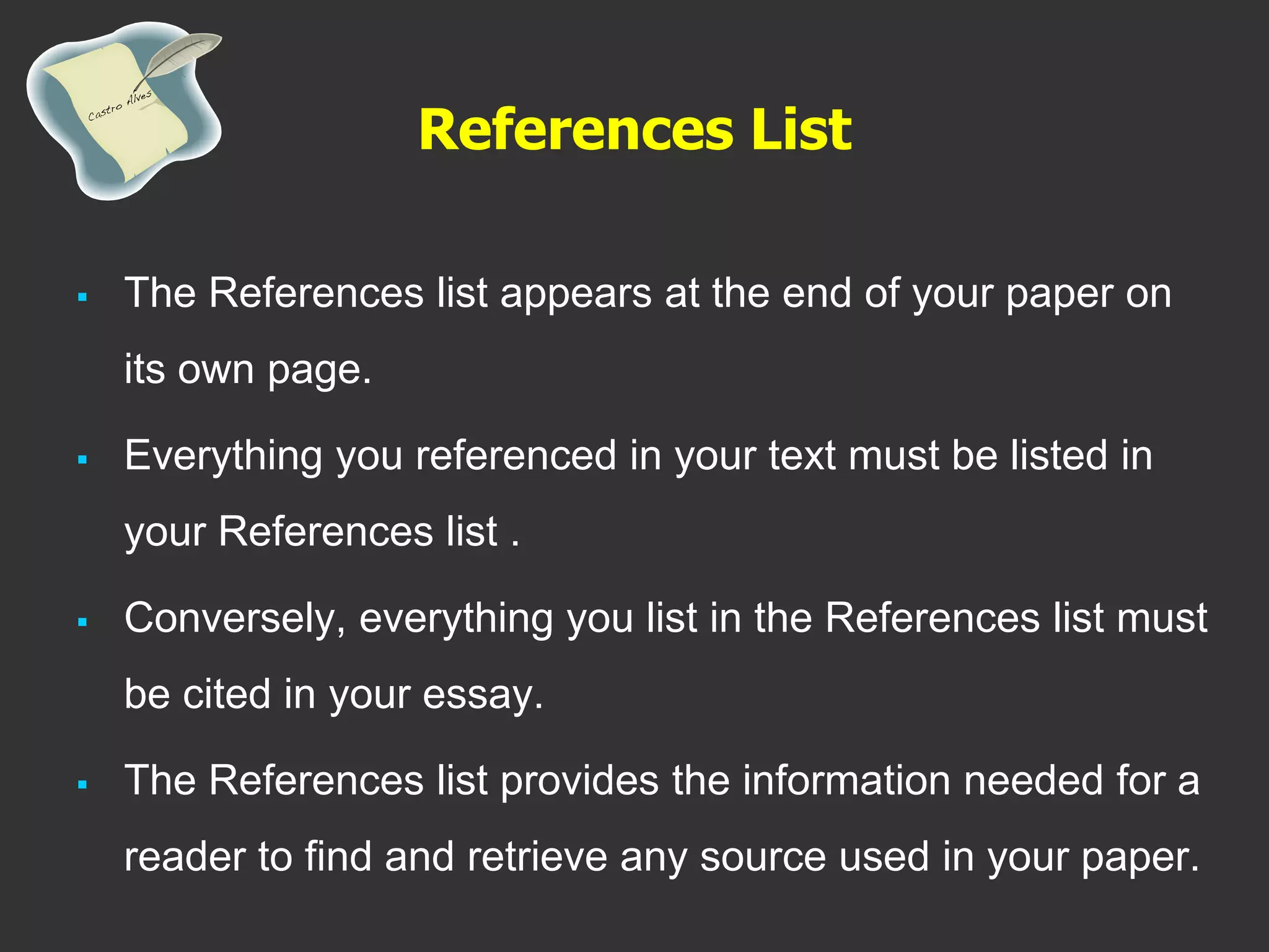 References List
 The References list appears at the end of your paper on
its own page.
 Everything you referenced in your text must be listed in
your References list .
 Conversely, everything you list in the References list must
be cited in your essay.
 The References list provides the information needed for a
reader to find and retrieve any source used in your paper.
 