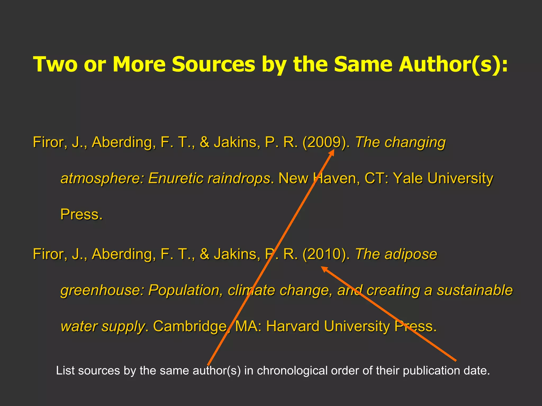 Two or More Sources by the Same Author(s):
Firor, J., Aberding, F. T., & Jakins, P. R. (2009). The changing
atmosphere: Enuretic raindrops. New Haven, CT: Yale University
Press.
Firor, J., Aberding, F. T., & Jakins, P. R. (2010). The adipose
greenhouse: Population, climate change, and creating a sustainable
water supply. Cambridge, MA: Harvard University Press.
List sources by the same author(s) in chronological order of their publication date.
 
