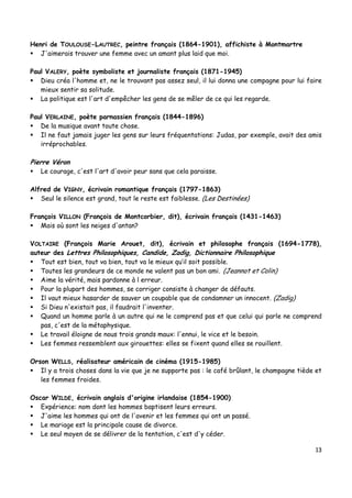13
Henri de TOULOUSE-LAUTREC, peintre français (1864-1901), affichiste à Montmartre
 J'aimerais trouver une femme avec un amant plus laid que moi.
Paul VALERY, poète symboliste et journaliste français (1871-1945)
 Dieu créa l'homme et, ne le trouvant pas assez seul, il lui donna une compagne pour lui faire
mieux sentir sa solitude.
 La politique est l'art d'empêcher les gens de se mêler de ce qui les regarde.
Paul VERLAINE, poète parnassien français (1844-1896)
 De la musique avant toute chose.
 Il ne faut jamais juger les gens sur leurs fréquentations: Judas, par exemple, avait des amis
irréprochables.
Pierre Véron
 Le courage, c'est l'art d'avoir peur sans que cela paraisse.
Alfred de VIGNY, écrivain romantique français (1797-1863)
 Seul le silence est grand, tout le reste est faiblesse. (Les Destinées)
François VILLON (François de Montcorbier, dit), écrivain français (1431-1463)
 Mais où sont les neiges d'antan?
VOLTAIRE (François Marie Arouet, dit), écrivain et philosophe français (1694-1778),
auteur des Lettres Philosophiques, Candide, Zadig, Dictionnaire Philosophique
 Tout est bien, tout va bien, tout va le mieux qu’il soit possible.
 Toutes les grandeurs de ce monde ne valent pas un bon ami. (Jeannot et Colin)
 Aime la vérité, mais pardonne à l erreur.
 Pour la plupart des hommes, se corriger consiste à changer de défauts.
 Il vaut mieux hasarder de sauver un coupable que de condamner un innocent. (Zadig)
 Si Dieu n'existait pas, il faudrait l'inventer.
 Quand un homme parle à un autre qui ne le comprend pas et que celui qui parle ne comprend
pas, c'est de la métaphysique.
 Le travail éloigne de nous trois grands maux: l'ennui, le vice et le besoin.
 Les femmes ressemblent aux girouettes: elles se fixent quand elles se rouillent.
Orson WELLS, réalisateur américain de cinéma (1915-1985)
 Il y a trois choses dans la vie que je ne supporte pas : le café brûlant, le champagne tiède et
les femmes froides.
Oscar WILDE, écrivain anglais d'origine irlandaise (1854-1900)
 Expérience: nom dont les hommes baptisent leurs erreurs.
 J'aime les hommes qui ont de l'avenir et les femmes qui ont un passé.
 Le mariage est la principale cause de divorce.
 Le seul moyen de se délivrer de la tentation, c'est d'y céder.
 