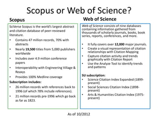Scopus or Web of Science?
Scopus                                                Web of Science
SciVerse Scopus is the world’s largest abstract   Web of Science consists of nine databases
and citation database of peer-reviewed            containing information gathered from
                                                  thousands of scholarly journals, books, book
literature.                                       series, reports, conferences, and more.
• Contains 47 million records, 70% with
     abstracts                                    •    It fully covers over 12,000 major journals.
• Nearly 19,500 titles from 5,000 publishers      •    Create a visual representation of citation
     worldwide                                         relationships with Citation Mapping
                                                  •    Capture citation activity and trends
• Includes over 4.9 million conference                 graphically with Citation Report
     papers                                       •    Use the Analyze Tool to identify trends
• Interoperability with Engineering Village &          and patterns
     Reaxys
• Provides 100% Medline coverage                  SU subscription:
                                                  • Science Citation Index Expanded (1899-
Subscription includes:                                present)
• 26 million records with references back to      • Social Sciences Citation Index (1898-
     1996 (of which 78% include references).          present)
• 21 million records pre-1996 which go back       • Arts & Humanities Citation Index (1975-
                                                      present)
     as far as 1823.


                                         As of 10/2012
 