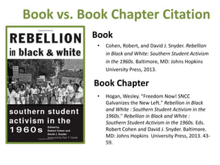 • Cohen, Robert, and David J. Snyder. Rebellion
in Black and White: Southern Student Activism
in the 1960s. Baltimore, MD: Johns Hopkins
University Press, 2013.
• Hogan, Wesley. "Freedom Now! SNCC
Galvanizes the New Left." Rebellion in Black
and White : Southern Student Activism in the
1960s." Rebellion in Black and White :
Southern Student Activism in the 1960s. Eds.
Robert Cohen and David J. Snyder. Baltimore.
MD: Johns Hopkins University Press, 2013. 43-
59.
Book
Book Chapter
Book vs. Book Chapter Citation
 