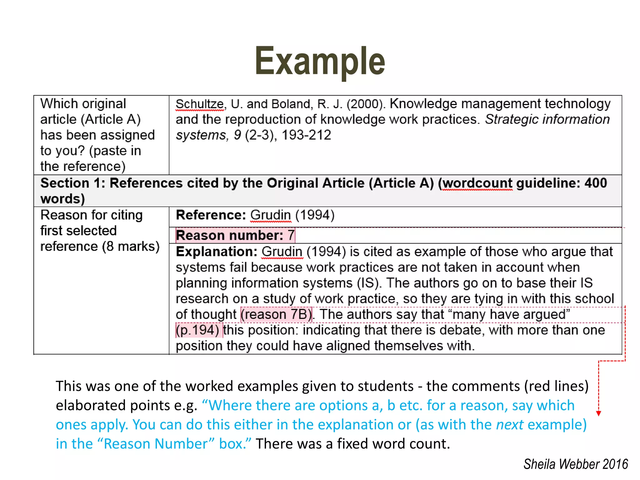 Example
This was one of the worked examples given to students - the comments (red lines)
elaborated points e.g. “Where there are options a, b etc. for a reason, say which
ones apply. You can do this either in the explanation or (as with the next example)
in the “Reason Number” box.” There was a fixed word count.
Sheila Webber 2016
 