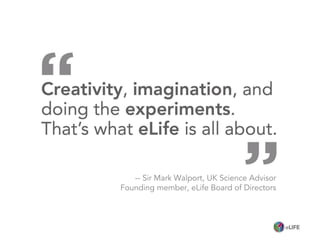 @eLifeInnovation
-- Sir Mark Walport, UK Science Advisor
Founding member, eLife Board of Directors
 