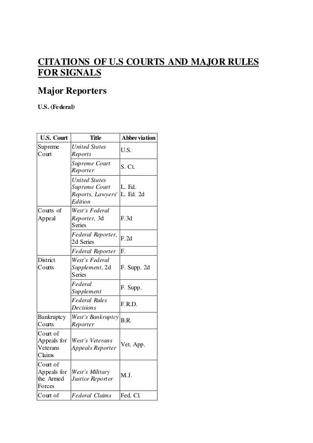 Citations of u.s courts and major rules for signals in blue book