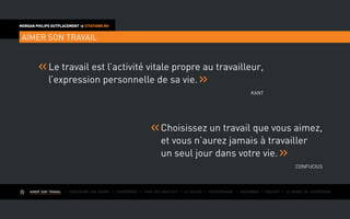 AIMER SON TRAVAIL I Construire une équipe I L’expérience I Fixer des objectifs I Le succès I Entreprendre I Gouverner I ÉVOLUER I Le monde de l’entreprise
MORGAN PHILIPS OUTPLACEMENT  CITATIONS RH
AIMER SON TRAVAIL
Le travail est l’activité vitale propre au travailleur,
l’expression personnelle de sa vie.
Kant
Choisissez un travail que vous aimez,
et vous n’aurez jamais à travailler
un seul jour dans votre vie.
Confucius
 