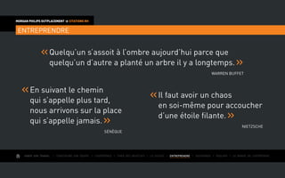 AIMER SON TRAVAIL I Construire une équipe I L’expérience I Fixer des objectifs I Le succès I entreprendre I Gouverner I ÉVOLUER I Le monde de l’entreprise
MORGAN PHILIPS OUTPLACEMENT  CITATIONS RH
entreprendre
Quelqu’un s’assoit à l’ombre aujourd’hui parce que
quelqu’un d’autre a planté un arbre il y a longtemps.
Warren Buffet
En suivant le chemin
qui s’appelle plus tard,
nous arrivons sur la place
qui s’appelle jamais.
Sénèque
Il faut avoir un chaos
en soi-même pour accoucher
d’une étoile filante.
Nietzsche
 