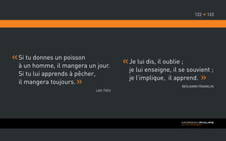 Si tu donnes un poisson
à un homme, il mangera un jour.
Si tu lui apprends à pêcher,
il mangera toujours.
Lao-Tseu
Je lui dis, il oublie ;
je lui enseigne, il se souvient ;
je l’implique, il apprend.
Benjamin Franklin
123122 
 