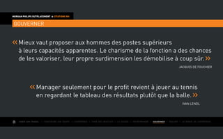 AIMER SON TRAVAIL I Construire une équipe I L’expérience I Fixer des objectifs I Le succès I Entreprendre I GOUVERNER I ÉVOLUER I Le monde de l’entreprise
MORGAN PHILIPS OUTPLACEMENT  CITATIONS RH
GOUVERNER
Mieux vaut proposer aux hommes des postes supérieurs
à leurs capacités apparentes. Le charisme de la fonction a des chances
de les valoriser, leur propre surdimension les démobilise à coup sûr.
Jacques de Fouchier
Manager seulement pour le profit revient à jouer au tennis
en regardant le tableau des résultats plutôt que la balle.
Ivan Lendl
 