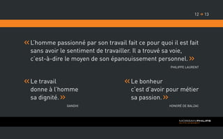 L’homme passionné par son travail fait ce pour quoi il est fait
sans avoir le sentiment de travailler. Il a trouvé sa voie,
c’est-à-dire le moyen de son épanouissement personnel.
Philippe Laurent
Le travail
donne à l’homme
sa dignité.
Gandhi
Le bonheur
c’est d’avoir pour métier
sa passion.
Honoré de Balzac
1312 
 
