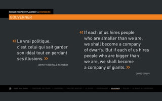 AIMER SON TRAVAIL I Construire une équipe I L’expérience I Fixer des objectifs I Le succès I Entreprendre I GOUVERNER I ÉVOLUER I Le monde de l’entreprise
MORGAN PHILIPS OUTPLACEMENT  CITATIONS RH
GOUVERNER
Le vrai politique,
c’est celui qui sait garder
son idéal tout en perdant
ses illusions.
John Fitzgerald Kennedy
If each of us hires people
who are smaller than we are,
we shall become a company
of dwarfs. But if each of us hires
people who are bigger than
we are, we shall become
a company of giants.
David Ogilvy
 