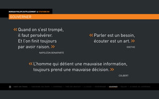 AIMER SON TRAVAIL I Construire une équipe I L’expérience I Fixer des objectifs I Le succès I Entreprendre I GOUVERNER I ÉVOLUER I Le monde de l’entreprise
MORGAN PHILIPS OUTPLACEMENT  CITATIONS RH
GOUVERNER
Quand on s’est trompé,
il faut persévérer.
Et l’on finit toujours
par avoir raison.
Napoléon Bonaparte
Parler est un besoin,
écouter est un art.
Goethe
L’homme qui détient une mauvaise information,
toujours prend une mauvaise décision.
Colbert
 