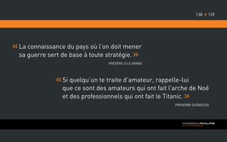 La connaissance du pays où l’on doit mener
sa guerre sert de base à toute stratégie.
Frédéric II le Grand
Si quelqu’un te traite d’amateur, rappelle-lui
que ce sont des amateurs qui ont fait l’arche de Noé
et des professionnels qui ont fait le Titanic.
Proverbe québécois
139138 
 