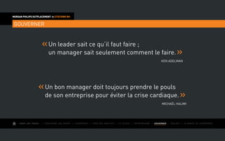 AIMER SON TRAVAIL I Construire une équipe I L’expérience I Fixer des objectifs I Le succès I Entreprendre I GOUVERNER I ÉVOLUER I Le monde de l’entreprise
MORGAN PHILIPS OUTPLACEMENT  CITATIONS RH
GOUVERNER
Un leader sait ce qu’il faut faire ;
un manager sait seulement comment le faire.
Ken Adelman
Un bon manager doit toujours prendre le pouls
de son entreprise pour éviter la crise cardiaque.
Michaël Halimi
 