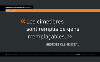 AIMER SON TRAVAIL I Construire une équipe I L’expérience I Fixer des objectifs I Le succès I Entreprendre I GOUVERNER I EVOLUER I Le monde de l’entreprise
MORGAN PHILIPS OUTPLACEMENT  CITATIONS RH
ÉVOLUER
Les cimetières
sont remplis de gens
irremplaçables.
Georges ClÉmenceau
 