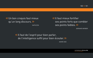 Un bon croquis faut mieux
qu’un long discours.
NapolÉon
Il faut mieux fortifier
ses points forts que combler
ses points faibles.
Bernard Werber
Il faut de l’esprit pour bien parler,
de l’intelligence suffit pour bien écouter.
André Gide
181180 
 