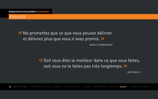AIMER SON TRAVAIL I Construire une équipe I L’expérience I Fixer des objectifs I Le succès I Entreprendre I GOUVERNER I EVOLUER I Le monde de l’entreprise
MORGAN PHILIPS OUTPLACEMENT  CITATIONS RH
ÉVOLUER
Ne promettez que ce que vous pouvez délivrer
et délivrez plus que vous n’avez promis.
James D. Robinson III
Soit vous êtes le meilleur dans ce que vous faites,
soit vous ne le faites pas très longtemps.
Jack Welch
 