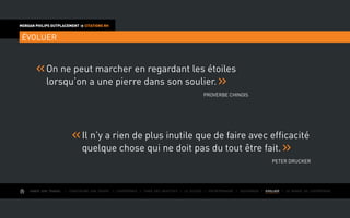 AIMER SON TRAVAIL I Construire une équipe I L’expérience I Fixer des objectifs I Le succès I Entreprendre I GOUVERNER I EVOLUER I Le monde de l’entreprise
MORGAN PHILIPS OUTPLACEMENT  CITATIONS RH
ÉVOLUER
On ne peut marcher en regardant les étoiles
lorsqu’on a une pierre dans son soulier.
Proverbe Chinois
Il n’y a rien de plus inutile que de faire avec efficacité
quelque chose qui ne doit pas du tout être fait.
Peter Drucker
 