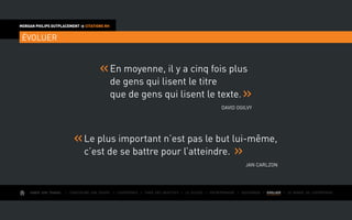 AIMER SON TRAVAIL I Construire une équipe I L’expérience I Fixer des objectifs I Le succès I Entreprendre I GOUVERNER I EVOLUER I Le monde de l’entreprise
MORGAN PHILIPS OUTPLACEMENT  CITATIONS RH
ÉVOLUER
En moyenne, il y a cinq fois plus
de gens qui lisent le titre
que de gens qui lisent le texte.
David Ogilvy
Le plus important n’est pas le but lui-même,
c’est de se battre pour l’atteindre.
Jan Carlzon
 