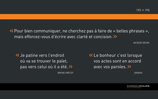 Pour bien communiquer, ne cherchez pas à faire de « belles phrases »,
mais efforcez-vous d’écrire avec clarté et concision.
Jacques Bojin
Je patine vers l’endroit
où va se trouver le palet,
pas vers celui où il a été.
Wayne Gretzy
Le bonheur c’est lorsque
vos actes sont en accord
avec vos paroles.
Gandhi
193192 
 