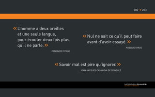 L’homme a deux oreilles
et une seule langue,
pour écouter deux fois plus
qu’il ne parle.
Zenon De Citium
Nul ne sait ce qu’il peut faire
avant d’avoir essayé.
Publius Syrus
Savoir mal est pire qu’ignorer.
Jean-Jacques Casanova De Seingalt
203202 
 