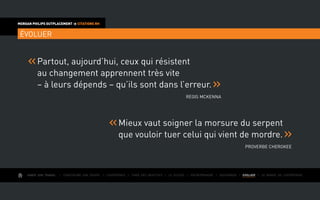 AIMER SON TRAVAIL I Construire une équipe I L’expérience I Fixer des objectifs I Le succès I Entreprendre I GOUVERNER I EVOLUER I Le monde de l’entreprise
MORGAN PHILIPS OUTPLACEMENT  CITATIONS RH
ÉVOLUER
Partout, aujourd’hui, ceux qui résistent
au changement apprennent très vite
– à leurs dépends – qu’ils sont dans l’erreur.
Regis Mckenna
Mieux vaut soigner la morsure du serpent
que vouloir tuer celui qui vient de mordre.
Proverbe Cherokee
 