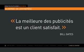 AIMER SON TRAVAIL I Construire une équipe I L’expérience I Fixer des objectifs I Le succès I Entreprendre I GOUVERNER I evoluer I LE MONDE DE L’ENTREPRISE
MORGAN PHILIPS OUTPLACEMENT  CITATIONS RH
LE MONDE DE L’ENTREPRISE
La meilleure des publicités
est un client satisfait.
Bill Gates
 